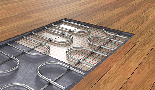 Underfloor,heating,system,under,wooden,floor.,3d,rendered,illustration.