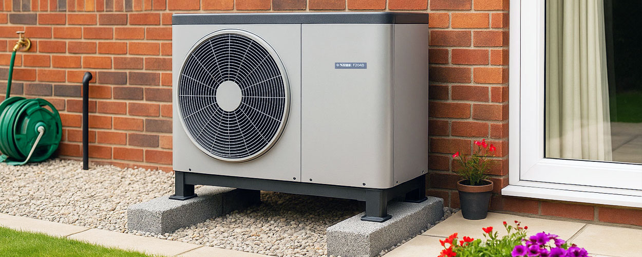 Air source heat pump installed outside a Welsh home