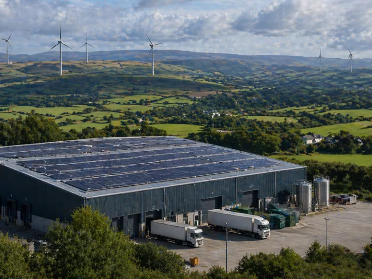 Commercial warehouse with rooftop solar panels in Wales Welsh commercial building with solar panels and wind turbines Commercial property energy efficiency image for EPC Wales page