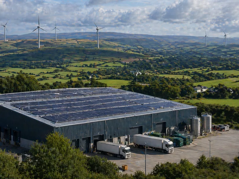Commercial warehouse with rooftop solar panels in Wales Welsh commercial building with solar panels and wind turbines Commercial property energy efficiency image for EPC Wales page