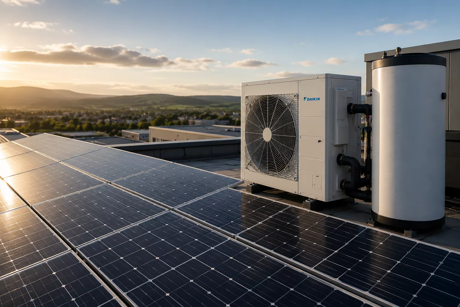 commercial solar panels and heat pump system on business roof